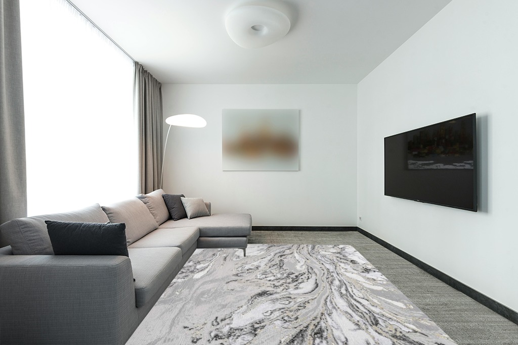 JONATHAN Y SOR203C-8 Swirl Marbled Abstract Indoor Area-Rug Contemporary Casual Transitional Easy-Cleaning Bedroom Kitchen Living Room Non Shedding, 8 X 10, Gray/Black in Modern Living Room with Grey Couch
