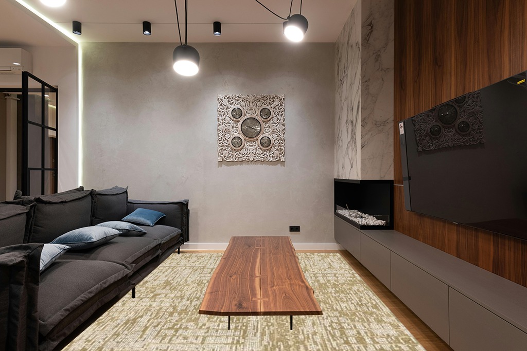 GENIMO Washable Area Rugs for Living Room Bedroom, 8x10 Modern Abstract Non Slip Rug, Low Pile Soft Contemporary Indoor Floor Carpet Cover for Dinning Room Kitchen, Yellow in Dark Wood Living Room with Black Couch