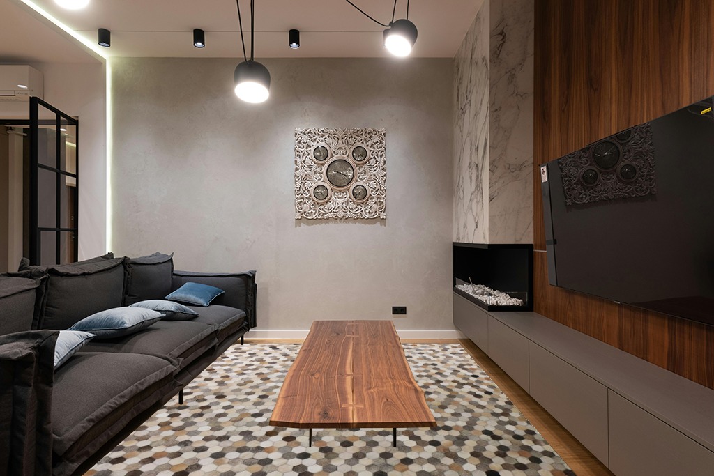 Blackamoor Leather Hide Patchwork Area Rug Handmade Cowhide Contemporary Multi Grey Style (8'x10' ft) in Dark Wood Living Room with Black Couch
