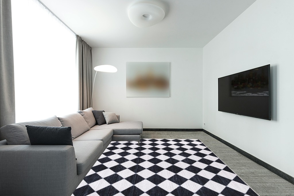 Abani Rectangular Area Rugs 8' x 10' Cream Black Checkered Diamond Machine Washable, Stain Resistant and Non-Shedding Polypropylene Large Rugs Modern Design in Modern Living Room with Grey Couch