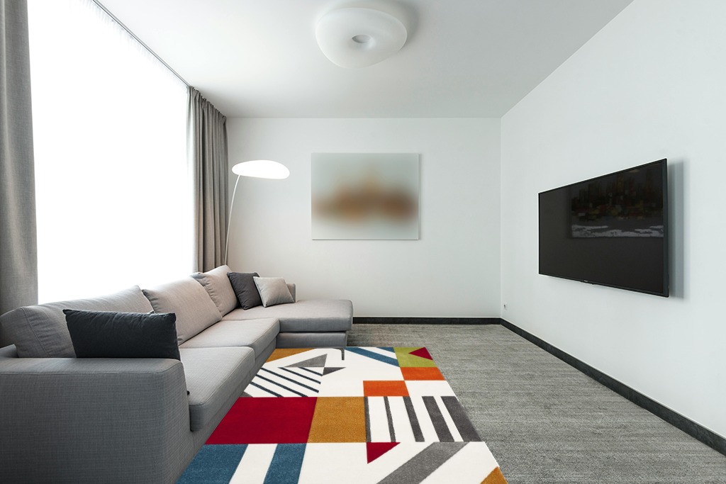SAFAVIEH Hollywood Collection Area Rug - 5'3" x 7'6", Ivory & Peacock Blue, Mid-Century Modern Design, Non-Shedding & Easy Care, Ideal for High Traffic Areas in Living Room, Bedroom (HLW709B) in Modern Living Room with Grey Couch
