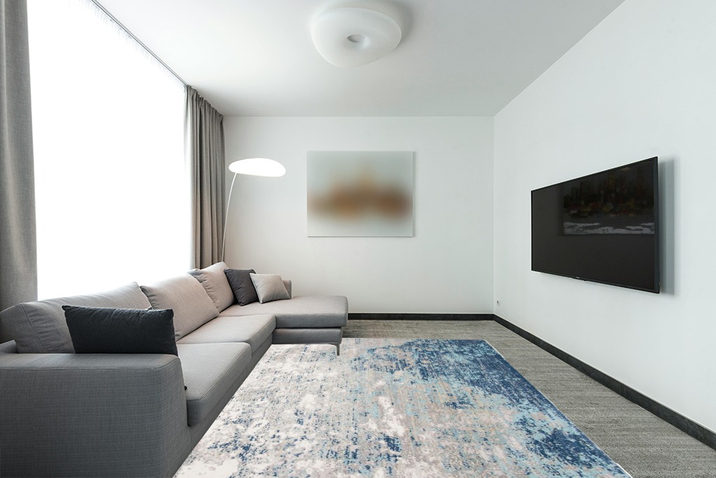 SAFAVIEH Brentwood Collection Area Rug - 8' x 10', Light Grey & Blue, Modern Abstract Design, Non-Shedding & Easy Care, Ideal for High Traffic Areas in Living Room, Bedroom (BNT822F) in Modern Living Room with Grey Couch