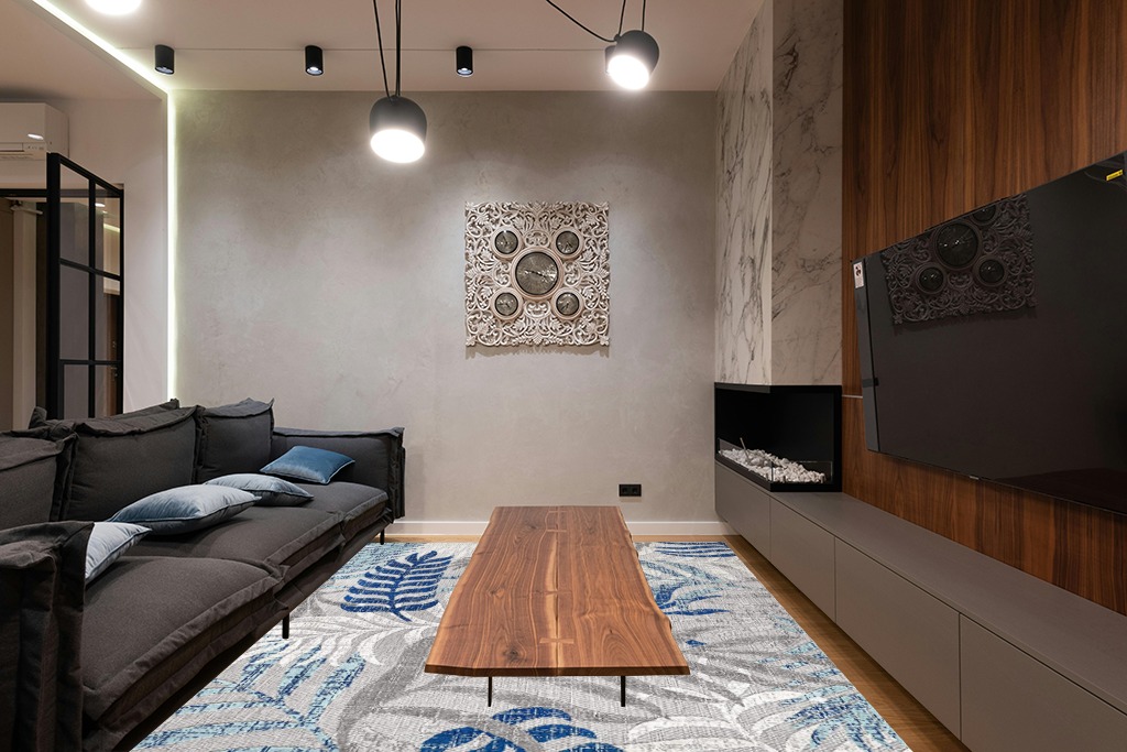 Gray/Blue Bohemian Indoor/outdoor Kitchen, Bedroom, Living Room, Patio, Dining Room Area Rug in Dark Wood Living Room with Black Couch