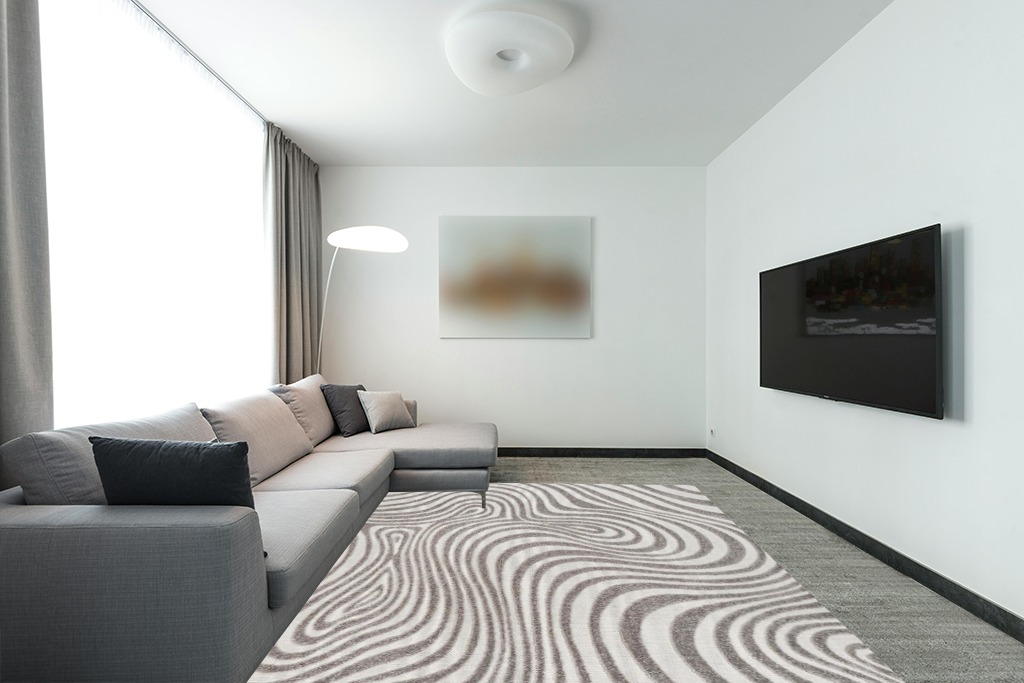 Eyely NCS103B-8 Scandinavian Maribo Abstract Groovy Striped Indoor Area Rug, Contemporary, Modern, Vintage, Coastal, Bohemian for Bedroom,Kitchen,Living Room,Non Shedding,Easy-Washing, Gray, 8 X 10 in Modern Living Room with Grey Couch