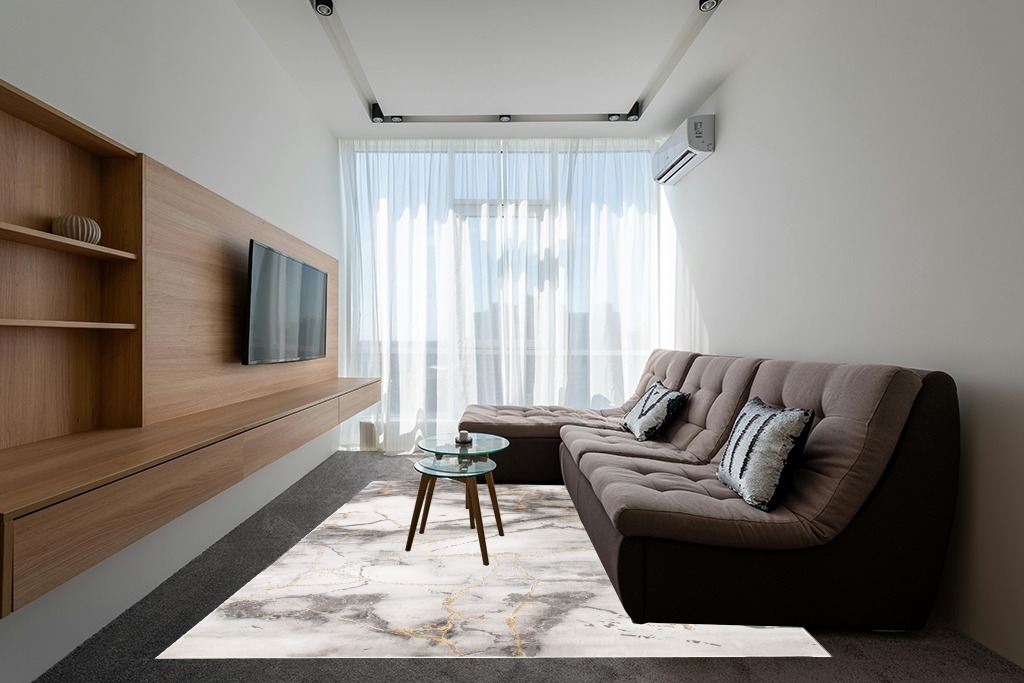 Grey/Gold Contemporary Non Slip Area Rug in Grey Living Room with Brown Couch