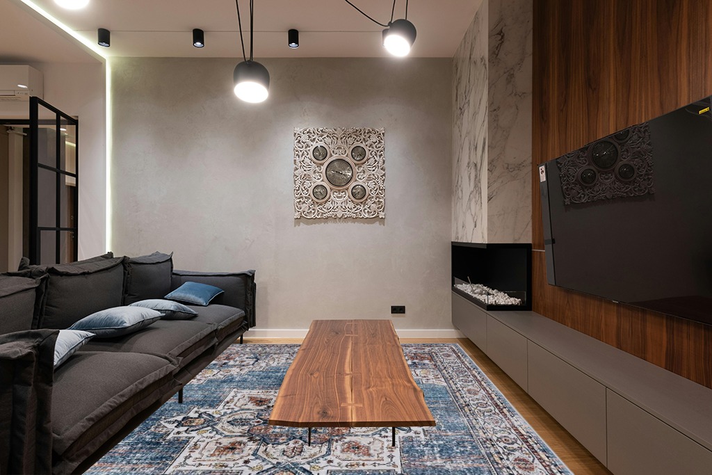 Area Rugs for Living Room: 9x12 Rug for Bedroom Machine Washable with Non Slip Backing Non Shedding, Boho Medallion Floral Large Carpet for Dining Room Nursery Home Office Blue/Brown in Dark Wood Living Room with Black Couch