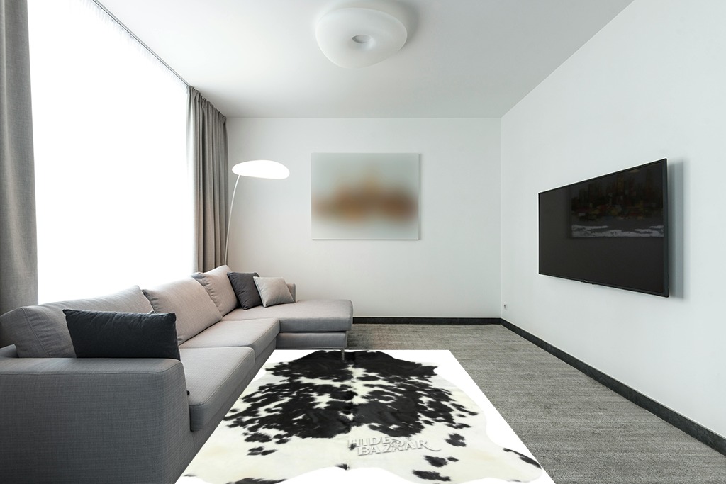 HIDES BAZAAR Classic Black and White Cowhide Rug, Premium Quality Genuine Leather Cow Hide, Area Rug (6x7 ft) in Modern Living Room with Grey Couch