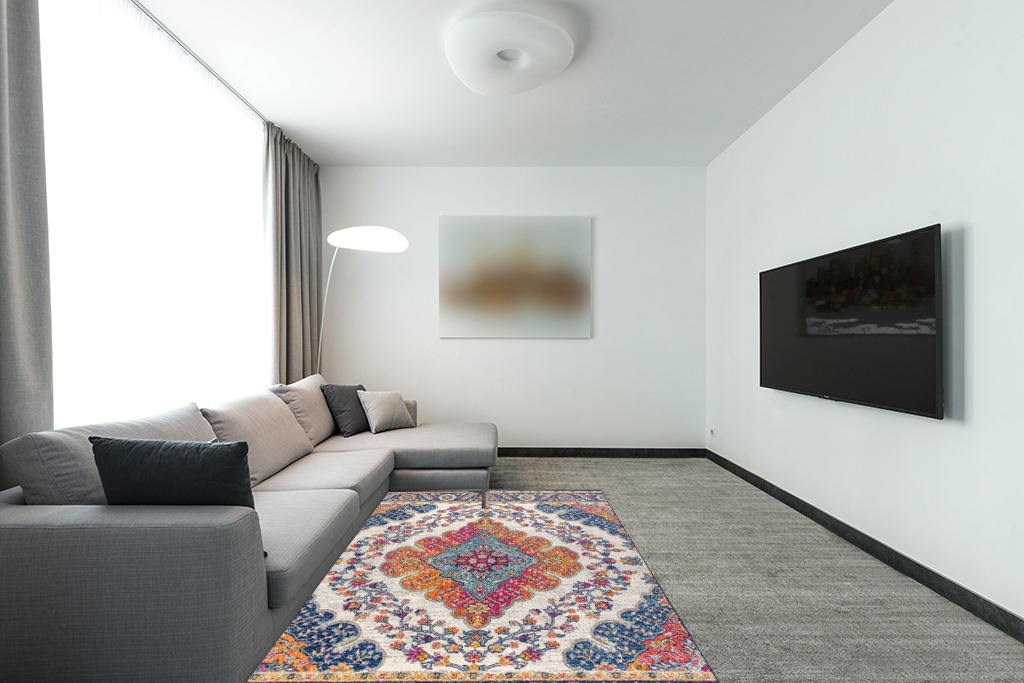 ‎Blue/Multi ‎Bohemian FLAIR Boho Vintage Traditional Non Slip Rug in Modern Living Room with Grey Couch