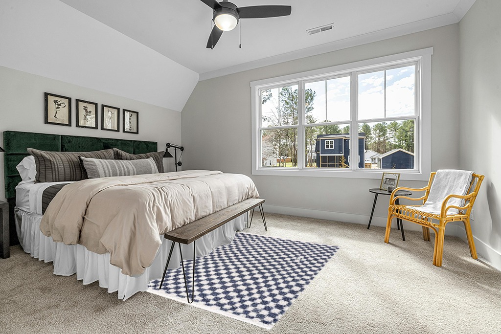 Hauteloom Kieu Checkered Shag Bedroom Living Room Area Rug - High Pile - Shaggy Plush Modern Soft Carpet - Blue, White - 5'3" x 7' in Grey Traditional Bedroom with King Bed