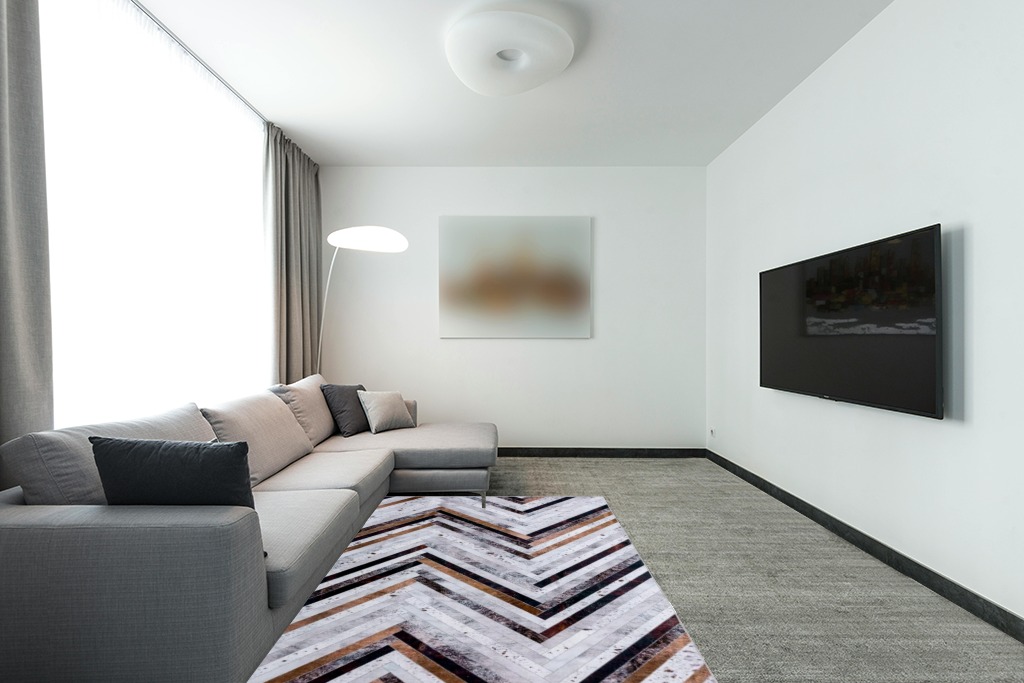 DECOMALL Coronado Washable Rugs 5x7, Modern Geometric Rug with Rubber Backing, Faux Cowhide Area Rug Non Slip Carpet for Living Room Bedroom Dinning Room, 5x7ft, Multi in Modern Living Room with Grey Couch