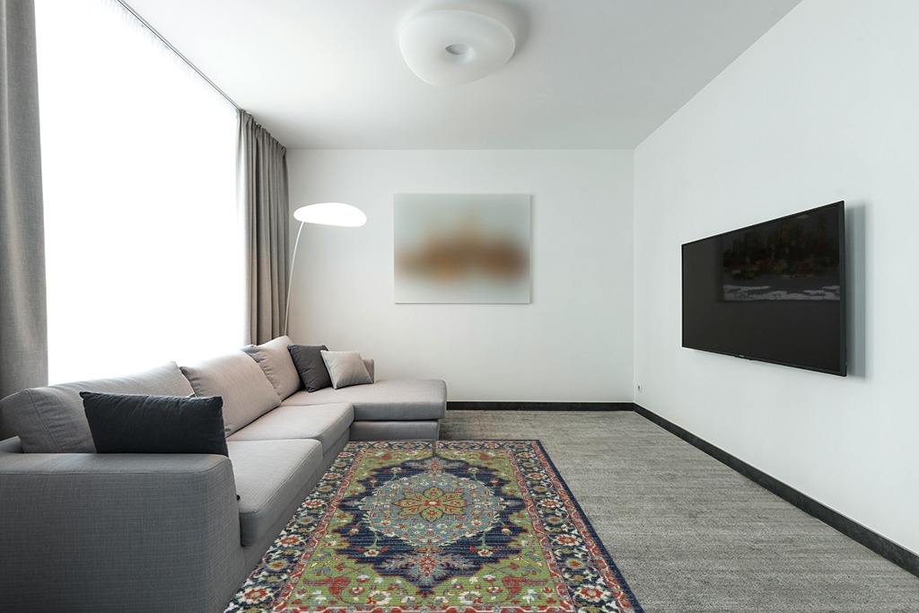 Kaleen Sunice Collection 5' x 7'6" Traditional Floral Area Rug ,Lime Green in Modern Living Room with Grey Couch
