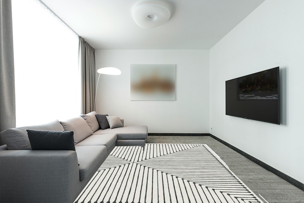 RUGGABLE x Jonathan Adler Washable Rug - Perfect Modern Area Rug for Living Room Bedroom Kitchen - Child Friendly - Stain & Water Resistant - Inkdrop Black & Ivory White 8'x10' (Standard Pad) in Modern Living Room with Grey Couch