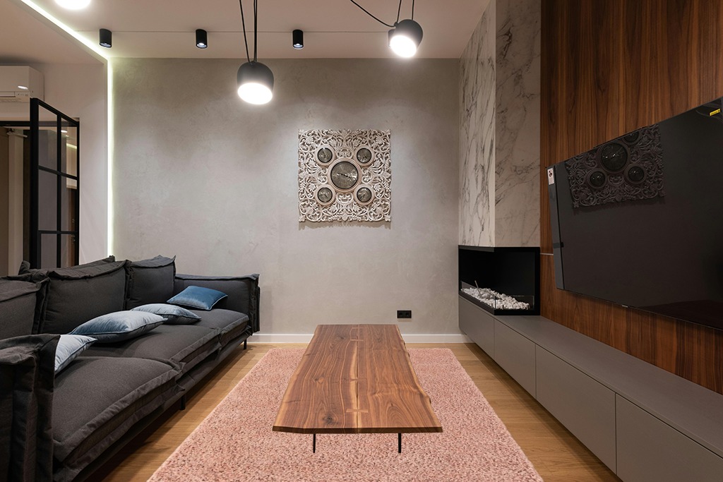 Pink Shag Rug 6x9 in Dark Wood Living Room with Black Couch