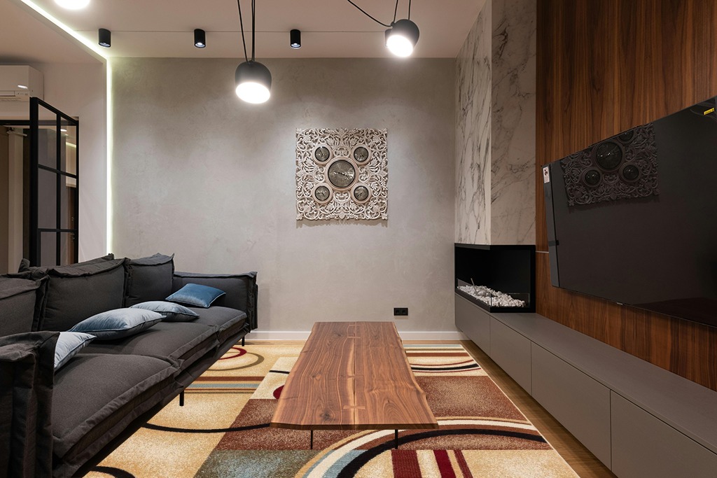 Well Woven Deco Rings Ivory Geometric Modern Casual Area Rug (7'10" x 9'10") Easy to Clean Stain Fade Resistant Shed Free Abstract Contemporary Color Block Boxes Lines Soft Living Dining Room Rug in Dark Wood Living Room with Black Couch