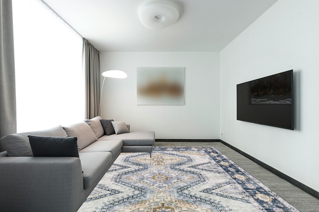 Area Rug Living Room Rugs - 9x12 Large Machine Washable Boho Thin Carpets Vintage Tribal Anti Slip Backing Carpet for Under Dining Table Bedroom Farmhouse Home Office Blue in Modern Living Room with Grey Couch