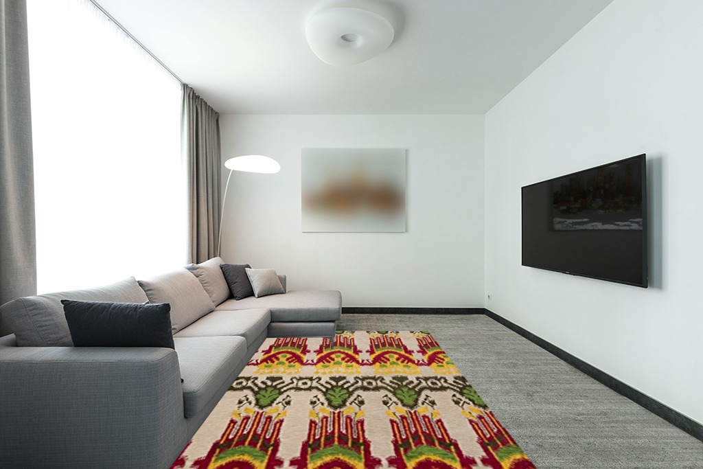 SAFAVIEH Ikat Collection Area Rug - 6' x 9', Beige & Yellow, Handmade Wool, Ideal for High Traffic Areas in Living Room, Bedroom (IKT464A) in Modern Living Room with Grey Couch