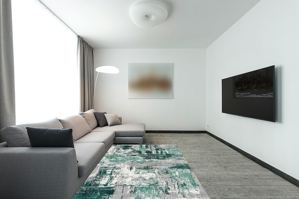 LUXE WEAVERS Abstract Distressed Green 5x7 Area Rug for Living Room in Modern Living Room with Grey Couch