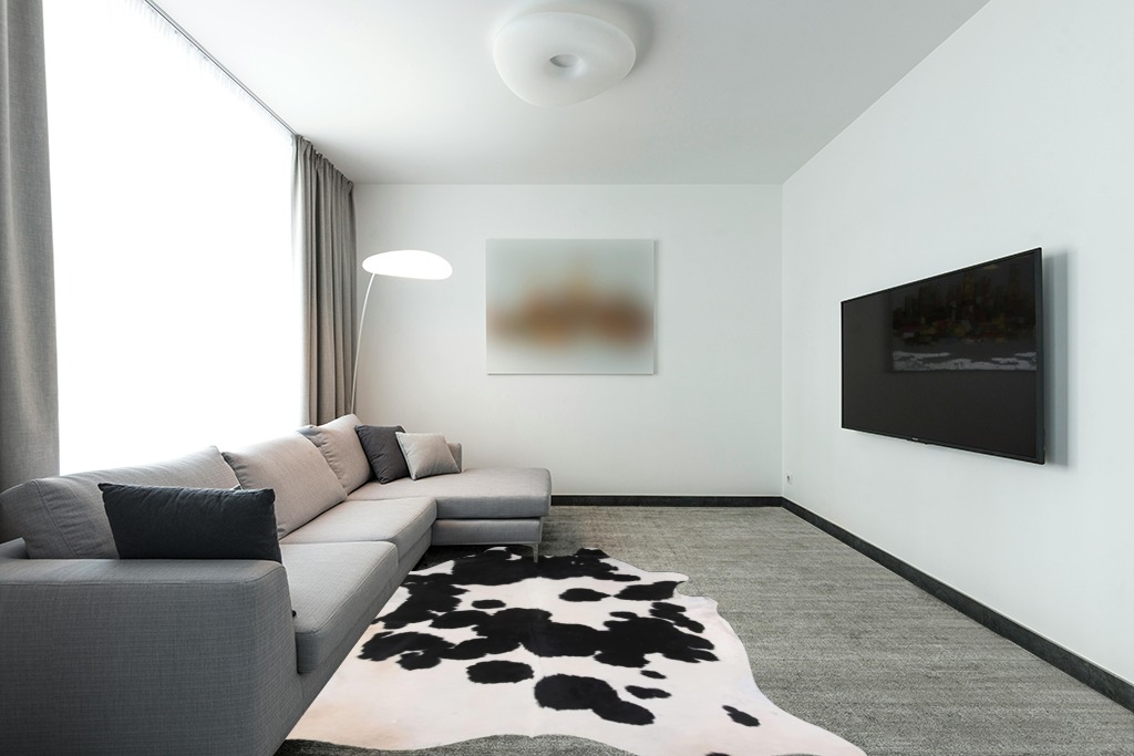 Home Must Haves Cowhide Rug, 6' x 7', Black and White in Modern Living Room with Grey Couch
