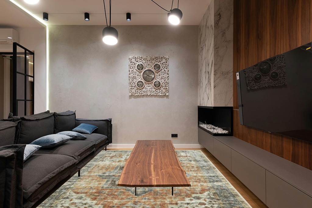 ROYHOME Area Rug 8x10 Non-Slip Vintage Low Pile Rugs Washable Rug Indoor Floor Cover Print Distressed Carpet Non-Shedding Oriental Area Rug for Living Room Bedroom, 8’x10’, Brown in Dark Wood Living Room with Black Couch