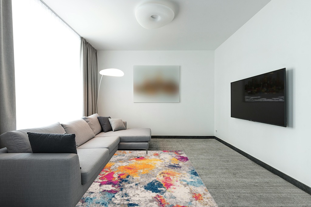 ‎Multi ‎Contemporary ‎Non Slip, Washable ‎Kitchen Rug in Modern Living Room with Grey Couch