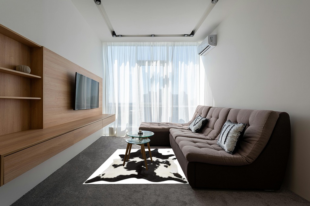 Just Cowhide Black and White Cowhide Rug Large Natural Cow Skin Cow Hide Leather Area Rug Hair On, Premium Black White Cow Hide Rugs (Black and White, 5 X 7) in Grey Living Room with Brown Couch