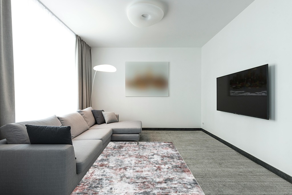 Miukiki 5x7 Area Rugs, Modern Abstract Rug with Anti Slip Backing, Stain Resistant Washable Rugs for Living Room, Non-Shedding Machine Washable Area Rug (Red/Grey, 5'x7') in Modern Living Room with Grey Couch