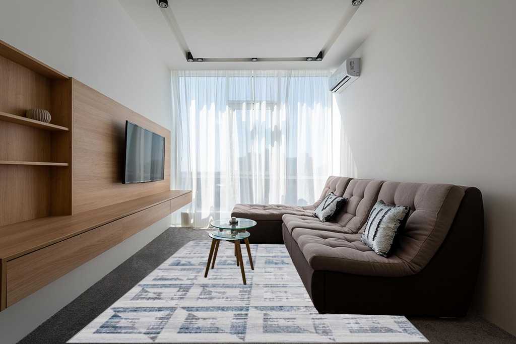 LUXE WEAVERS Modern Geometric Blue 8x10 Area Rug, Blue and Gray Abstract Shapes Carpet for Living Room and Bedroom in Grey Living Room with Brown Couch