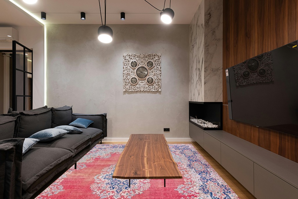 Large Washable Rug Indoor, in Dark Wood Living Room with Black Couch