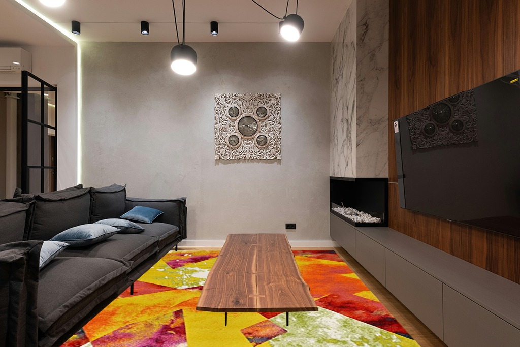 Unique Loom Lyon Collection Modern Abstract Colorful Prism Area Rug, 8 x 10 Feet, Multi/Yellow in Dark Wood Living Room with Black Couch