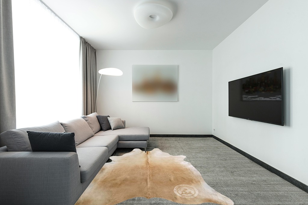 Sunshine Cowhides Genuine Palomino Beige Cowhide Rug - Luxurious Cow Rug for Bedroom, Living Room, and Home Decor Enthusiasts - Masterpiece of Style and Functionality - 6x6-7ft (180x210cm) in Modern Living Room with Grey Couch