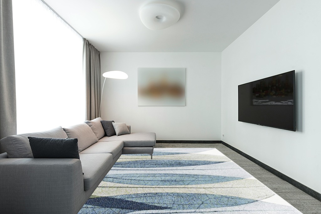 SAFAVIEH Hollywood Collection Area Rug - 9' x 12', Ivory & Blue, Mid-Century Modern Design, Non-Shedding & Easy Care, Ideal for High Traffic Areas in Living Room, Bedroom (HLW703A) in Modern Living Room with Grey Couch