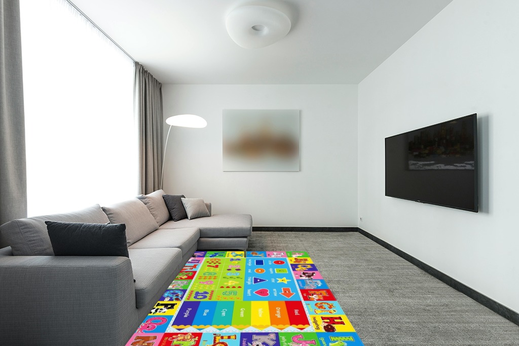 LTKOUGFAM Kids Play Rug for Playroom, Kids Play Mat ABC Educational Area Rug, Toddler Baby Playroom Mat, Alphabet Animal Soft Non-Slip Kids Rug Carpet for Boy Girl Bedroom (78.7X59 INCH Style 2) in Modern Living Room with Grey Couch
