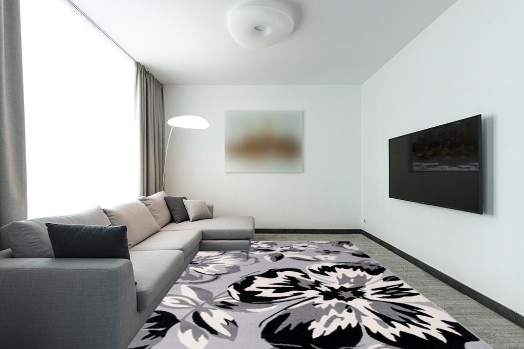Modern Floral Area Rugs 9' X 12' Gray in Modern Living Room with Grey Couch