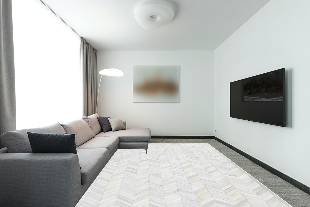 Handmade Cowhide Contemporary Ivory Area Rug 9 x 12 in Modern Living Room with Grey Couch