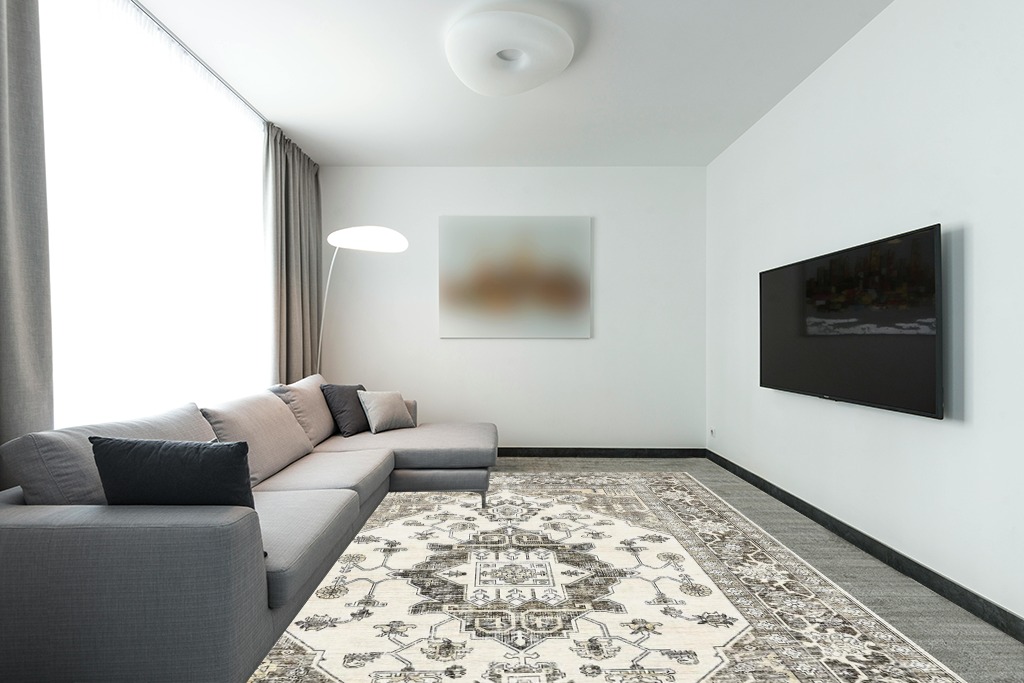 Area Rug Living Room Rugs: 9x12 Large Machine Washable Boho Carpet Vintage Medallion Floral Indoor Non Slip Decor Carpets for Under Dining Table Bedroom Farmhouse Nursery Home Office Beige Brown in Modern Living Room with Grey Couch