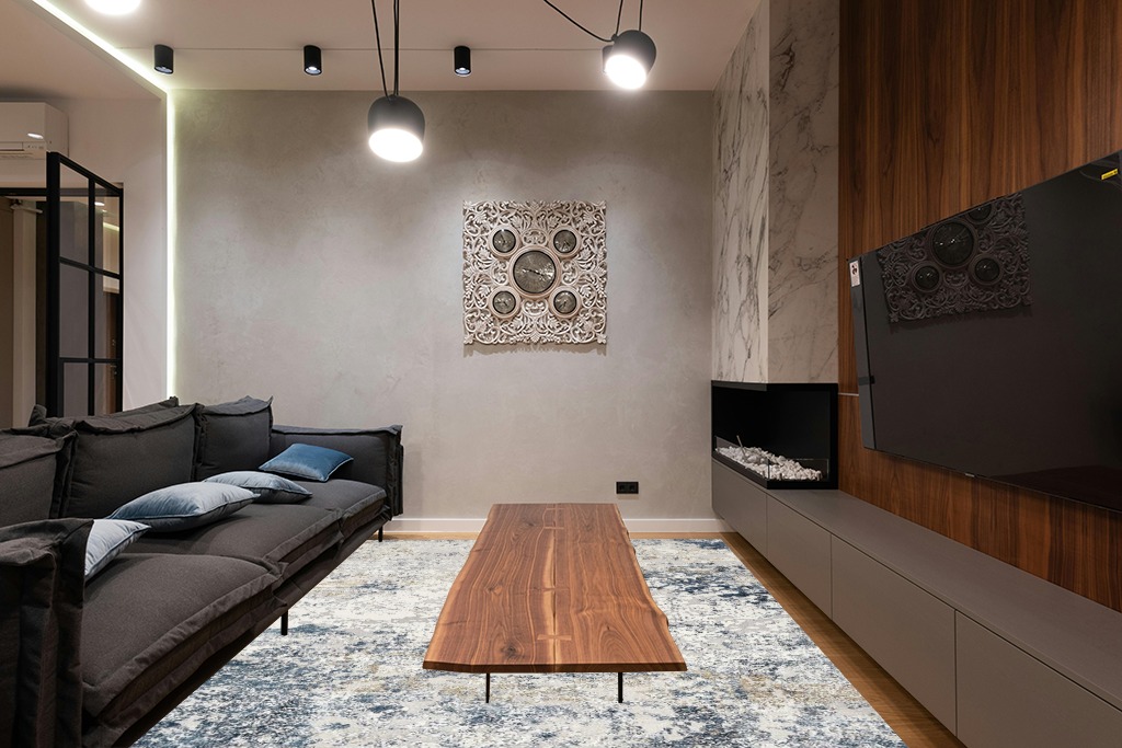 Area Rug Living Room Rugs - 8x10 Abstract Large Soft Indoor Washable Rug Neutral Modern Low Pile Carpet for Bedroom Dining Room Farmhouse Home Office - Beige Blue in Dark Wood Living Room with Black Couch