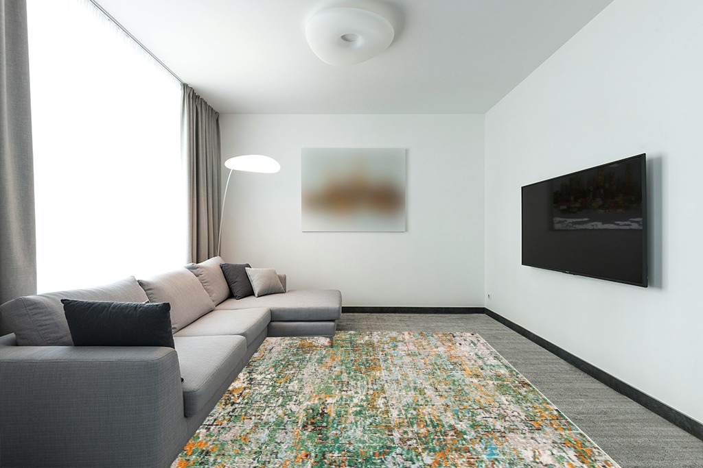 Green/Turquoise Contemporary Shed Resistant, Stain Resistant Living Room Area Rug in Modern Living Room with Grey Couch
