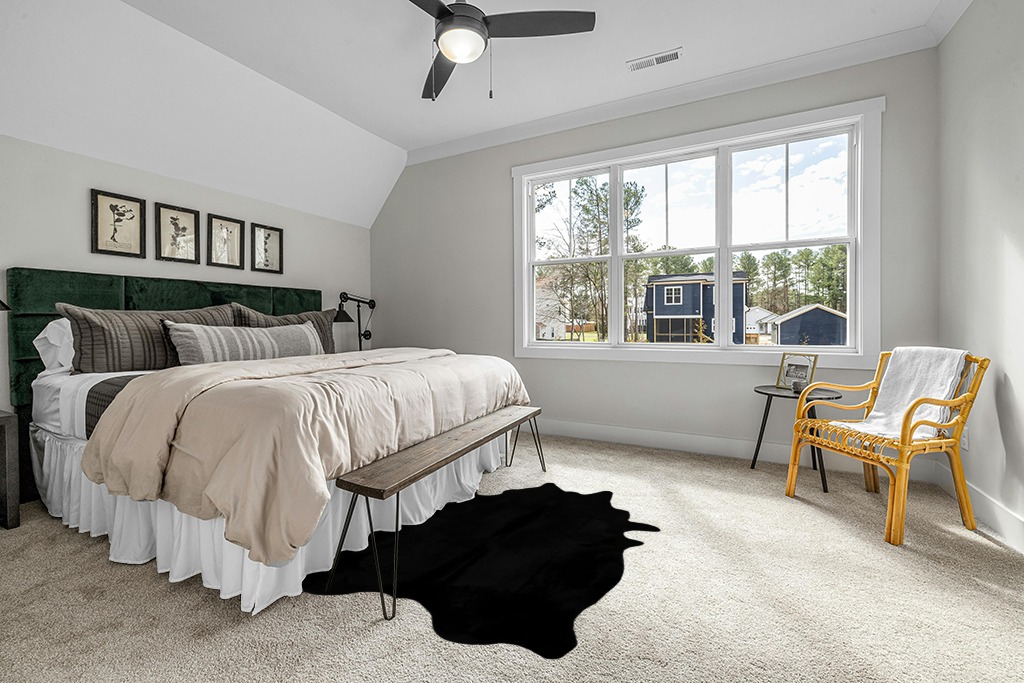 Faux Fur Cowhide Rugs (5 * 7 ft), Machine Washable Cow Print Area Carpet Black Color with Non-Slip Suede Backing, Durable & No Shedding in Grey Traditional Bedroom with King Bed