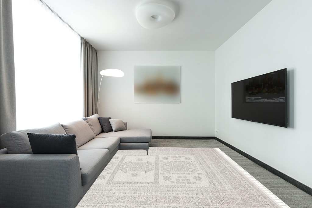 Well Woven Loop-De-Loop Carina Tribal Medallion Beige Kilim-Style 7'10" x 10'6" Area Rug in Modern Living Room with Grey Couch