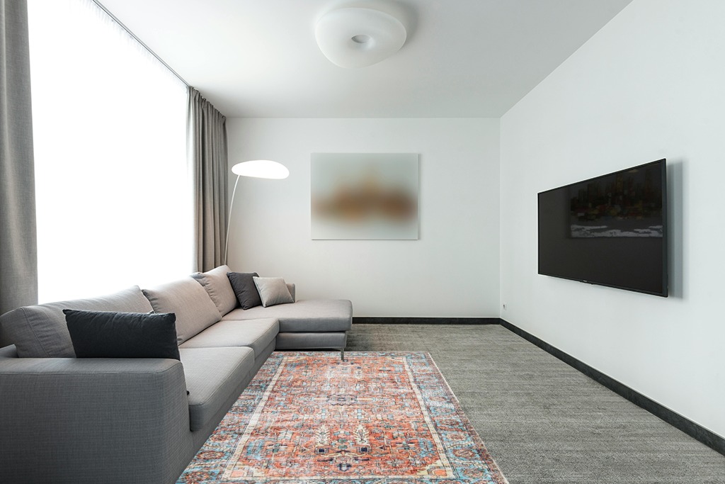 Bloom Rugs Washable Non-Slip 5' x 7' Rug - Orange/Blue Traditional Area Rug for Living Room, Bedroom, Dining Room, and Kitchen - Exact Size: 5' x 7' in Modern Living Room with Grey Couch