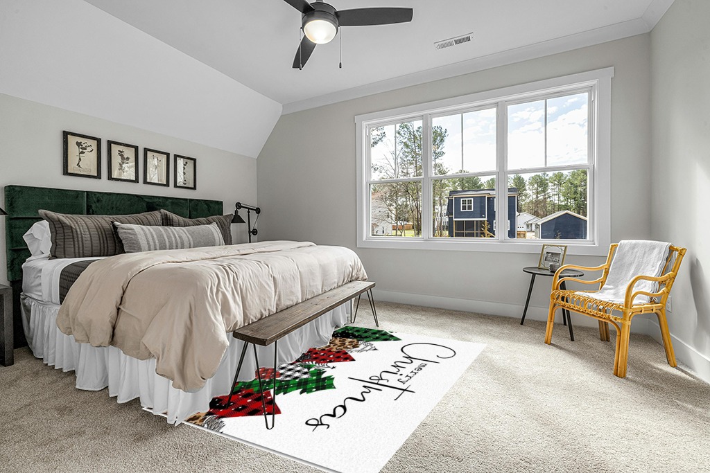 Merry Christmas Area Rug 5 x 8, Washable Bedroom Rug Non-Slip Kitchen Rugs Non Shedding Floor Cover Mat Runner Rug for Living Room Dining Room Outdoor Carpet Christmas Tree Buffalo Plaid Texture in Grey Traditional Bedroom with King Bed