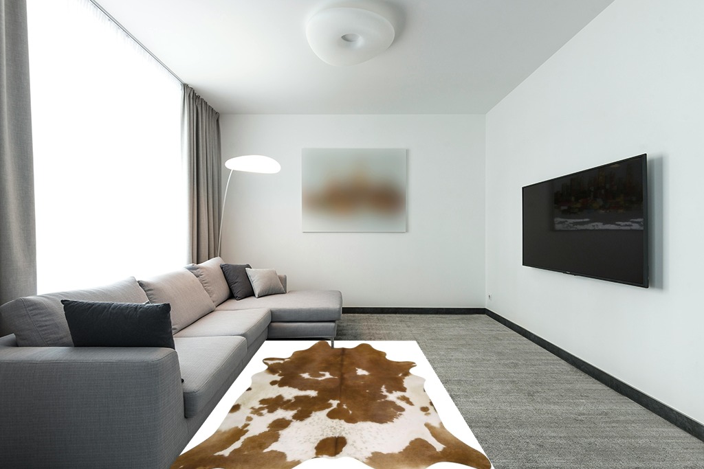 Pure Brown& White Superior Cowhides Rug 5x7ft 150cmx210cm in Modern Living Room with Grey Couch