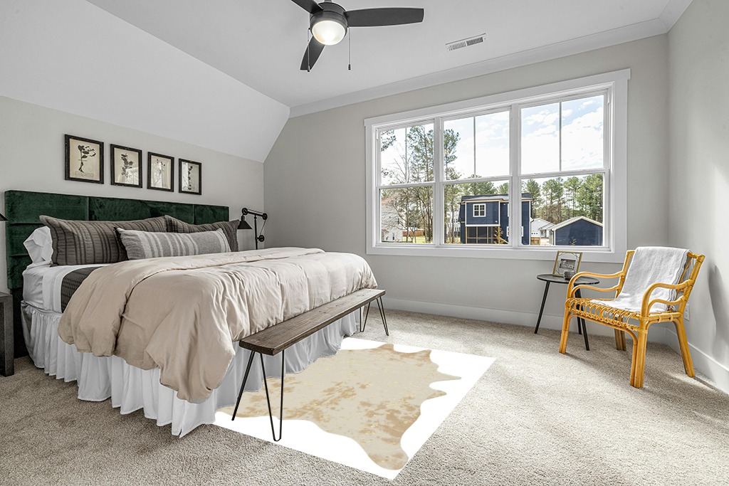 Signature Design by Ashley Jaxith Farmhouse 5 x 7 Medium Pile Cowhide Rug, Ivory & Tan in Grey Traditional Bedroom with King Bed