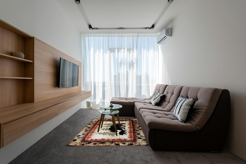 Masada Masada Rugs 5'x7' Cabin/Lodge Theme Area Rug with Bear and Cub Scene in Grey Living Room with Brown Couch