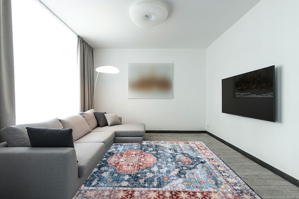 HOMBYS 8x10 Vintage Area Rug for Living Room Bedroom, Large Boho Floor Carpet with Non-Slip Backing for Indoor Office Dining Room, Traditional Home Deco Non-Shedding, Blue, Machine Washable in Modern Living Room with Grey Couch