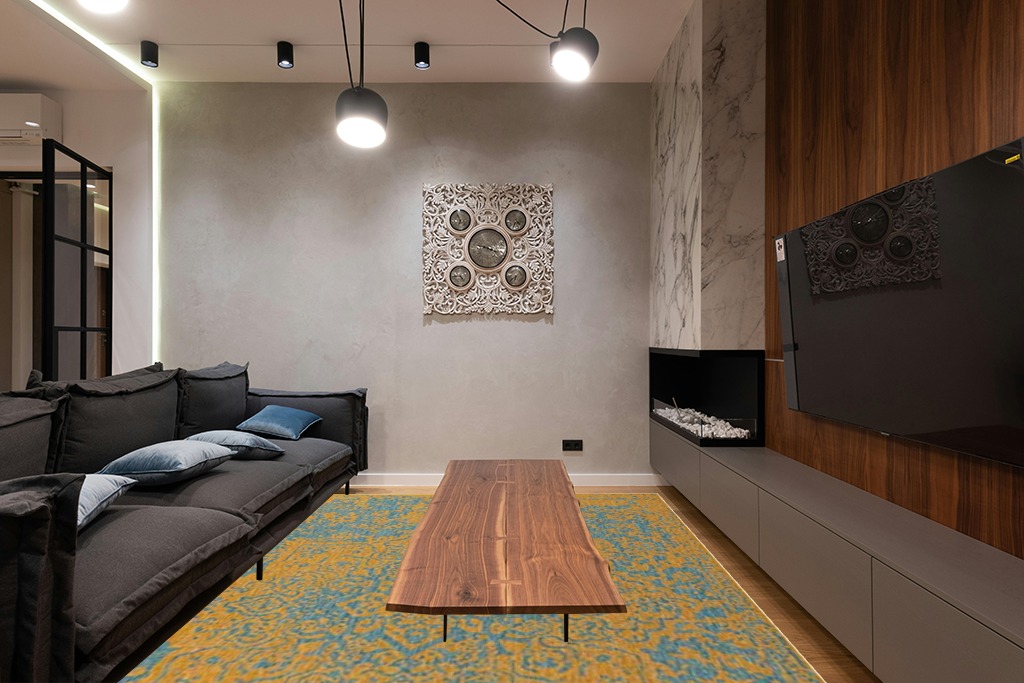 Unique Loom Jill Zarin Jill Zarin Outdoor Collection Area Rug - Dubai (9' x 12' Rectangle, Yellow and Aqua/Light Blue) in Dark Wood Living Room with Black Couch