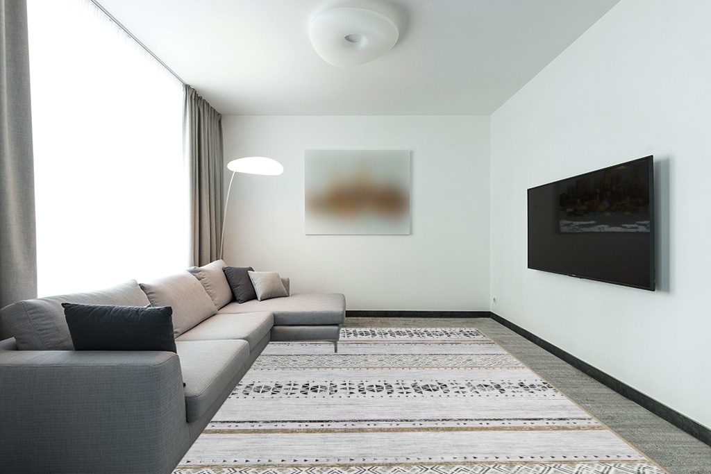 Area Rugs 9x12 Living Room: Large Machine Washable Rug with Non-Slip Backing Stain Resistant Soft Geometric Moroccan Carpet for Bedroom Dining Nursery Room Home Office - Brown/Ivory in Modern Living Room with Grey Couch