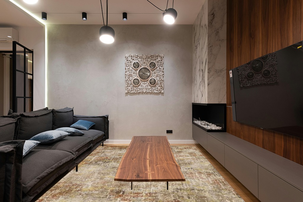 GENIMO Washable Area Rugs for Living Room Bedroom, 8x10 Modern Abstract Non Slip Rug, Low Pile Soft Contemporary Indoor Floor Carpet Cover for Dinning Room Kitchen, Orange in Dark Wood Living Room with Black Couch