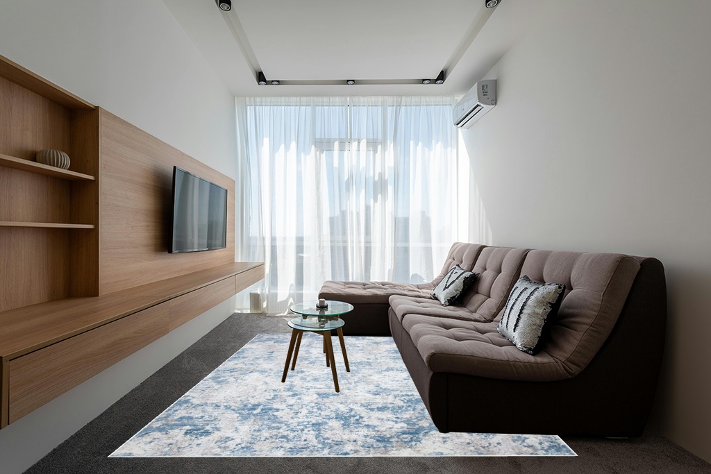 SAFAVIEH Amelia Collection Area Rug - 8' x 10', Grey & Blue, Modern Abstract Design, Non-Shedding & Easy Care, Ideal for High Traffic Areas in Living Room, Bedroom (ALA705F) in Grey Living Room with Brown Couch