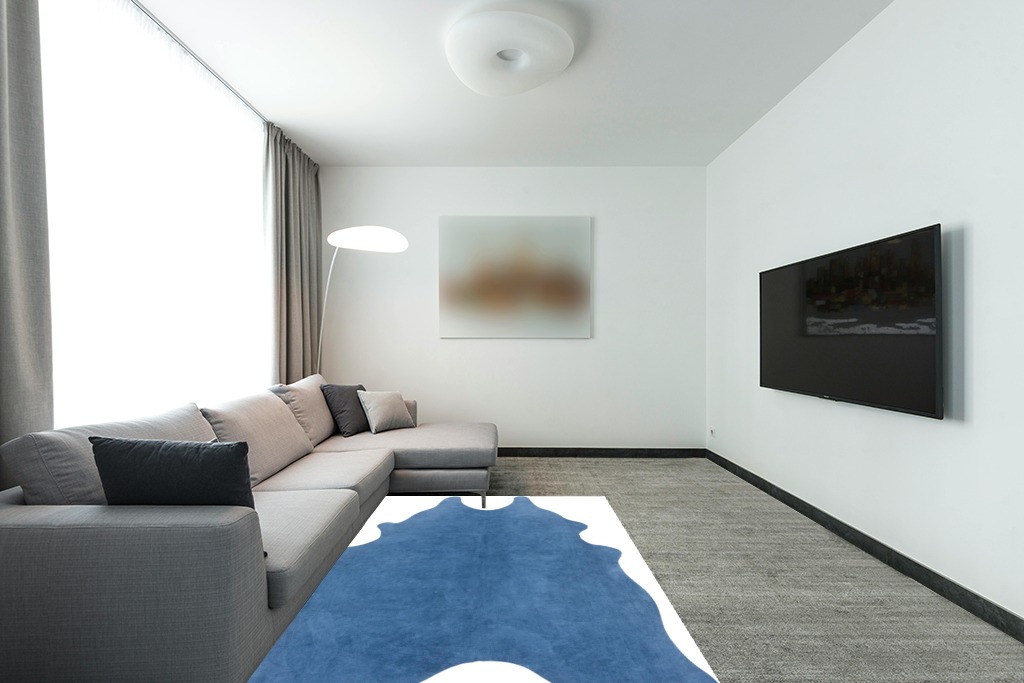 SAFAVIEH Cow Hide Collection Area Rug - 5' x 7', Blue, Genuine Natural Suede Leather Rustic Design, Non-Shedding & Easy Care, Ideal for High Traffic Areas in Living Room, Bedroom (COH800M) in Modern Living Room with Grey Couch